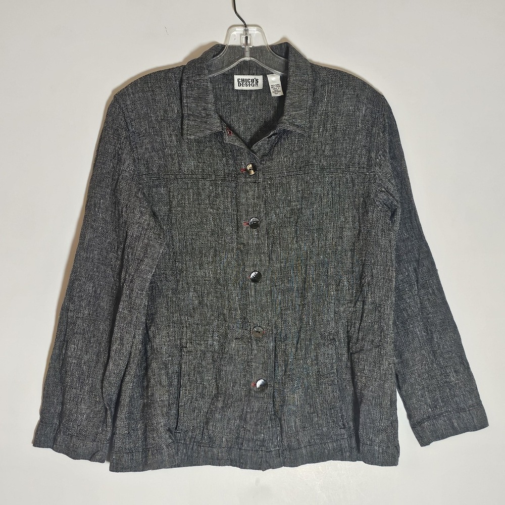 Vintage Chicos Design Jacket Womens 1 Medium Black White Red Linen Blend Classic
